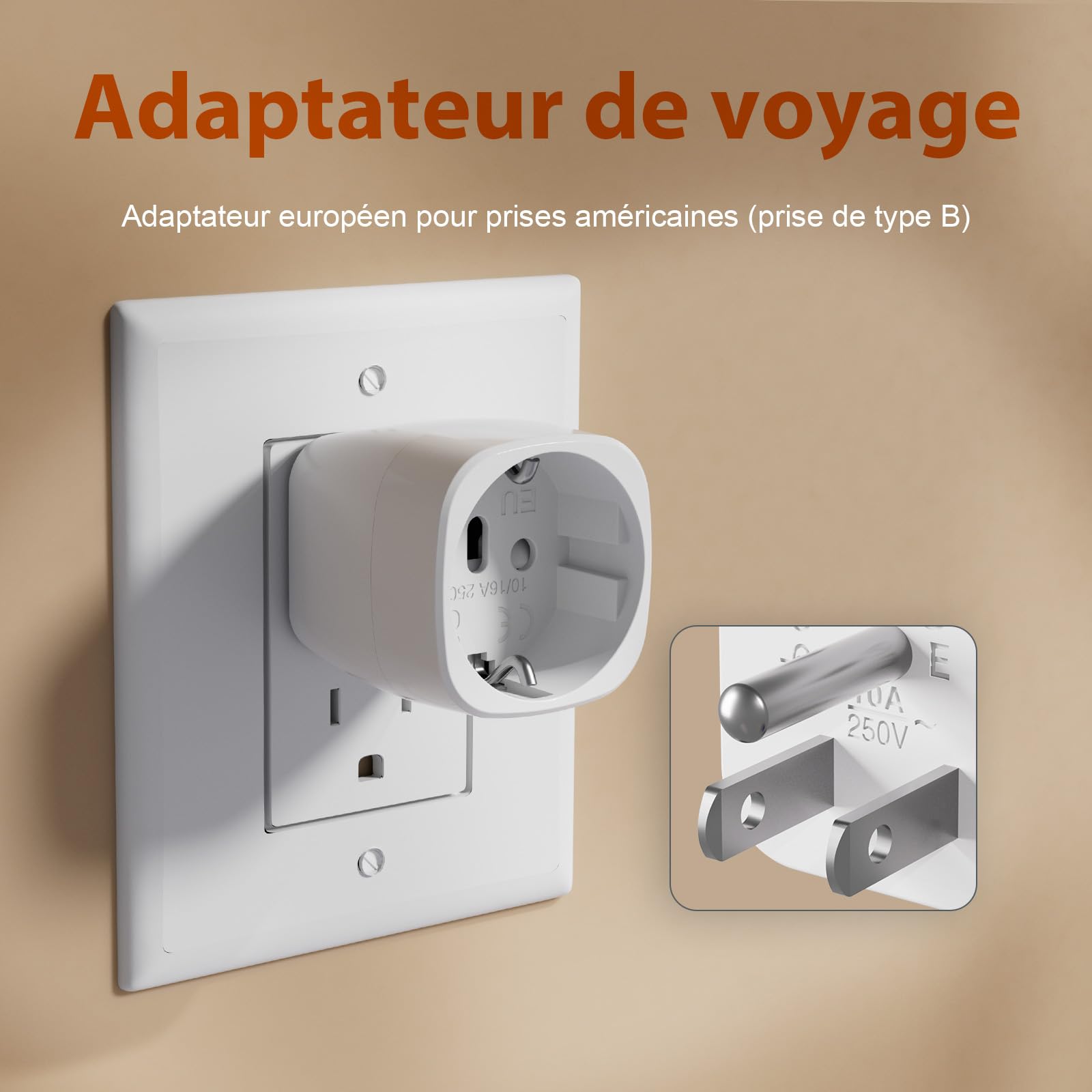 GRIFEMA Adaptateur Prise USA, Fiche France vers États-Unis Canada Mexique Thaïlande Type B, Connecteur de Voyage avec Maintien Ferme, Matériau Ignifuge PC, 250V 10A, 2 Pièces