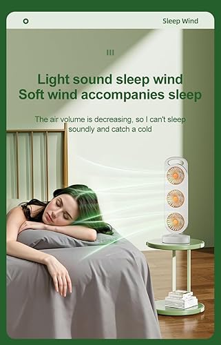 Miniatura 5 de Ventilador de torre portátil con 3 turbinas, modo brisa natural, alimentado por USB, blanco y verde