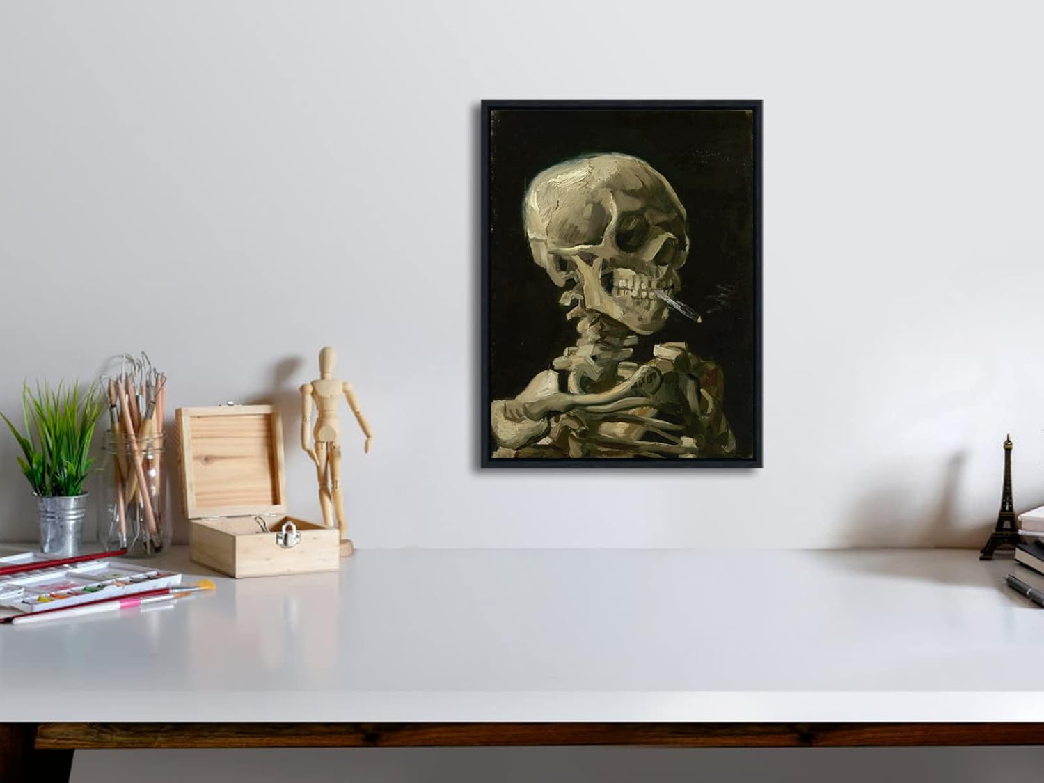 Wieco Art Framed Art Skull of a Skeleton with Burning Cigarette, 1886 by Vincent Van Gogh Canvas Wall Art for Home Decor and Wall Decoration Post-Impressionism Canvas Prints Artwork