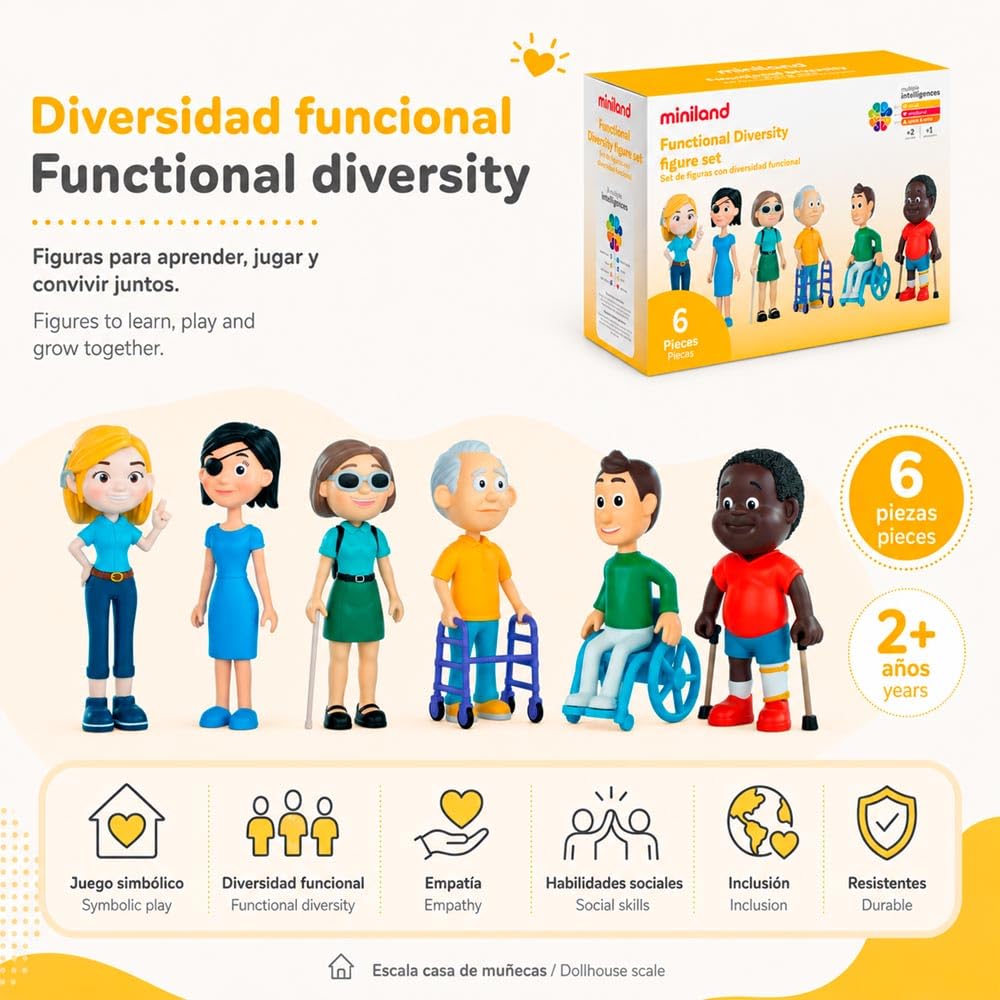 Miniland Ensemble de Personnages sur la diversité Fonctionnelle – 6 poupées incluses pour Jeu Symbolique, Jeu éducatif sur Inclusion, éducation émotionnelle et valeurs, 2 Ans et Plus