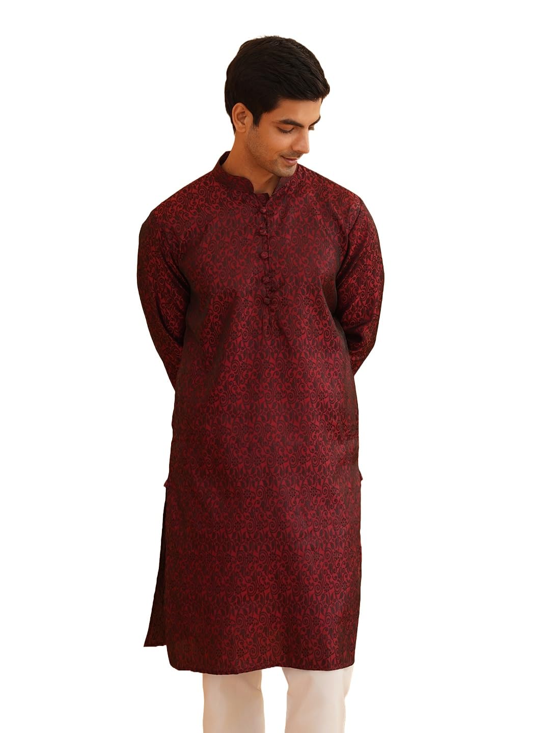 Sojanya (Since 1958 Men's Silk Blend Paisley Design Maroon Only Long Kurta