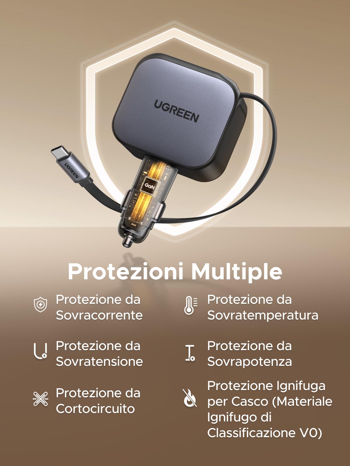 UGREEN 145W Retrattile Caricatore Auto, Caricabatteria Accendisigari USB C Ricarica Rapida 4 Porta, Compatibile con iPhone 17 Pro Max Air/iPhone 16/15/14, Galaxy S25/24, Pixel10/9, MacBook, iPad