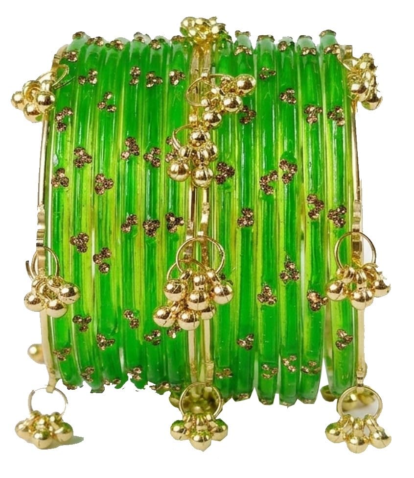 Image of NMII Viral Multi Colour Glass Bangles with Golden Ghungroo Charms & Stone Work For Women & Girls | Fancy Designer Glass Bangle | Traditional Chudi | Kanch Ki Churi | Stylish Ghungroo Bangle For Women