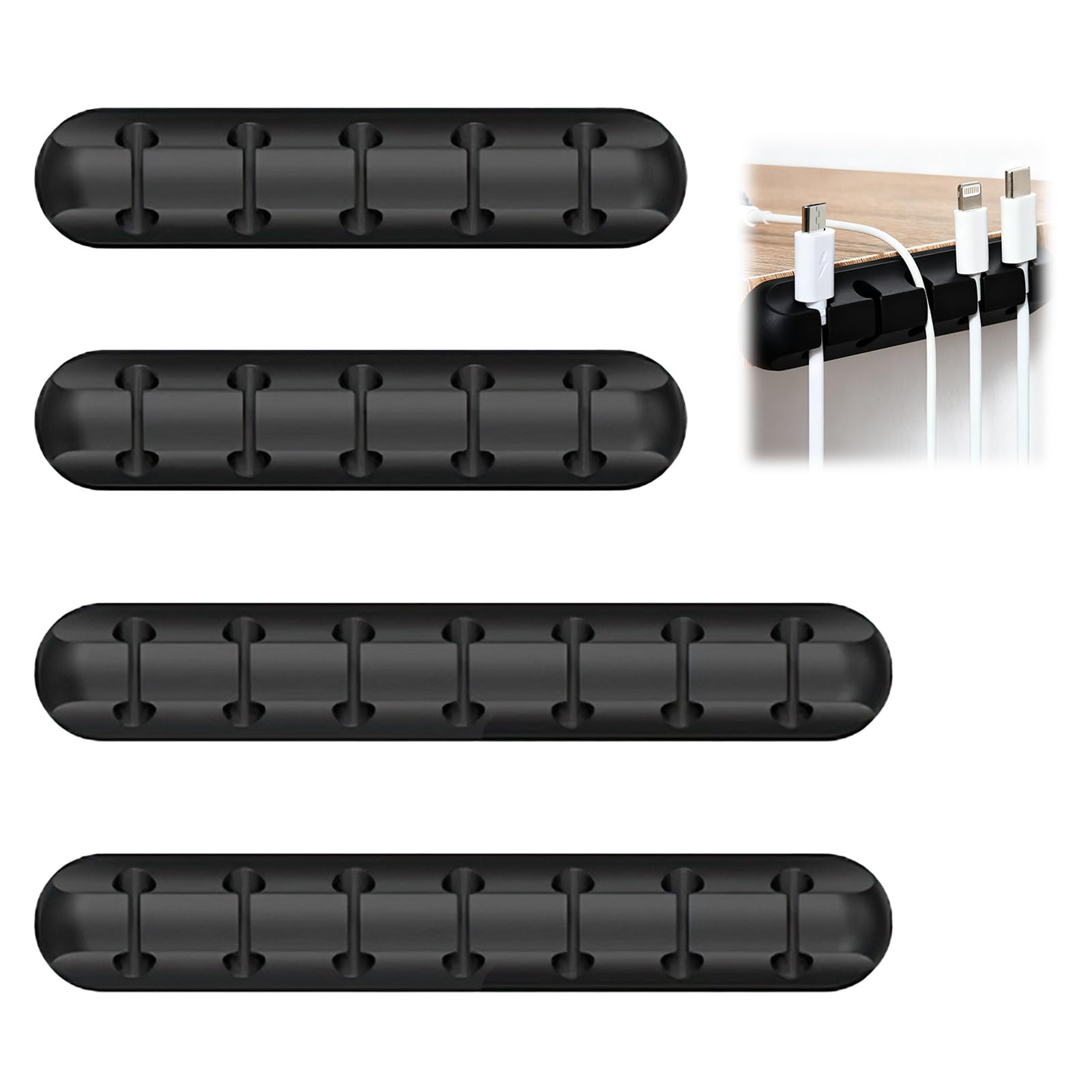 Verazquy 4Pcs Self Adhesive Cable Clips Black, Cable Management System Cord Organiser Holder for Desk Office Home, Wire Tidy for USB Charging, PC, Car, Nightstand Accessories.