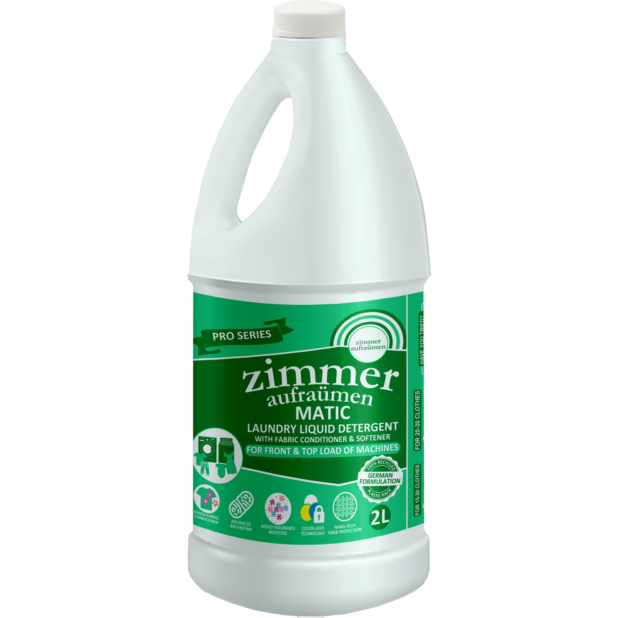 Zimmer Aufraumen Plant Based Laundry Liquid Detergent 2L - with Reetha & Glucosides | Low Foam Matic Liquid for Front &