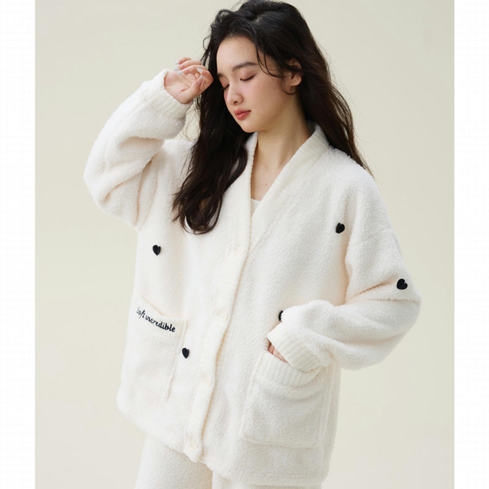 Pigiama Donna Invernale Velluto Invernale in Velluto Caldo Velluto Femmina Net Cardigan Pigiame Spesse Abiti da Velluto Abiti da Casa-White Love V -Neck Robe + Pants-l