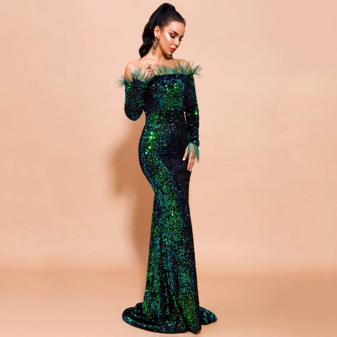 emerald green sequin long sleeve tassel hem bodycon dress Fringed Long-Sleeve Short Sequin Hoco Dress main image 0