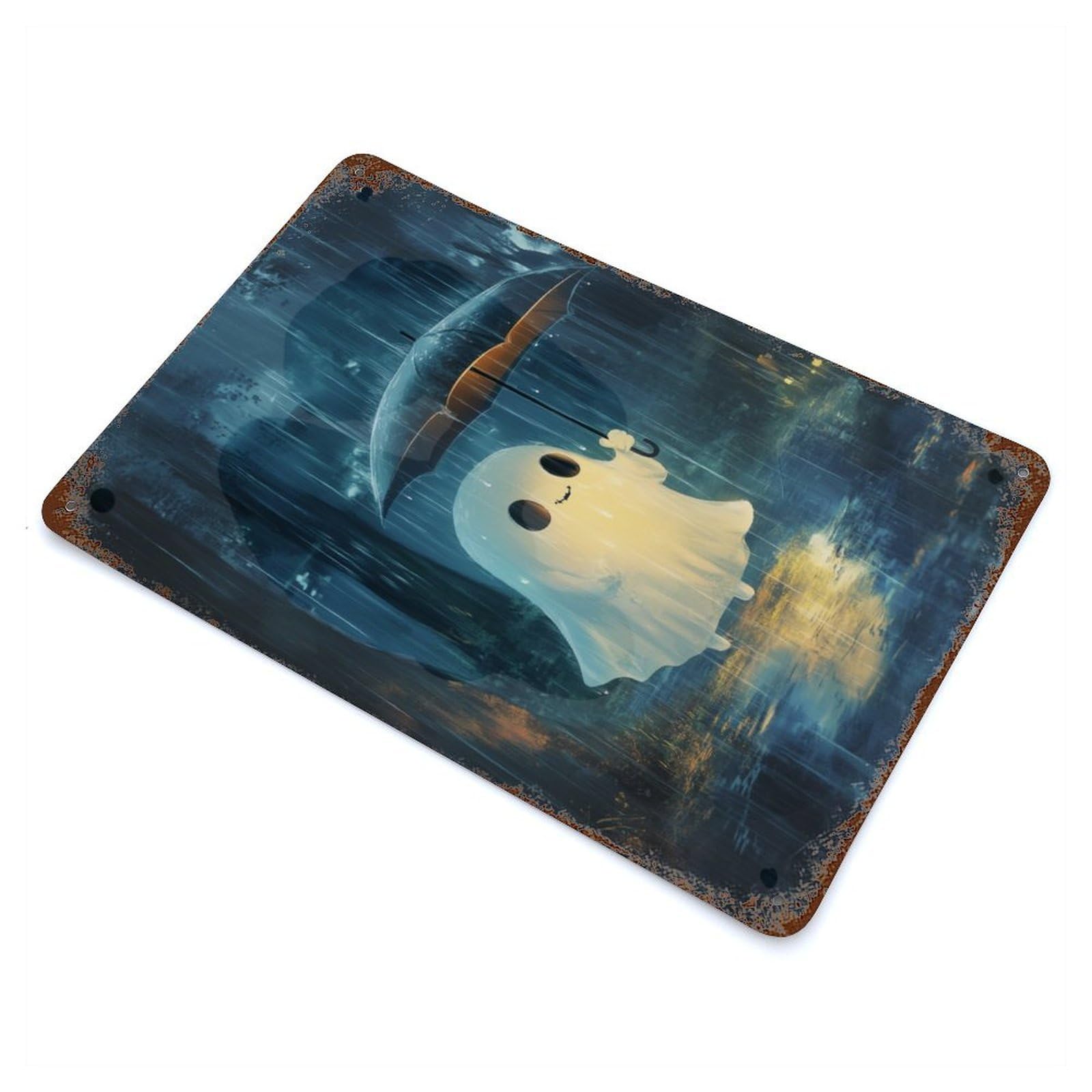 Halloween Ghost in The Rain Vintage Rust Metal Sign 11.8"x7.9", Farmhouse Wall Decor for Garage, Pub Or Kitchen