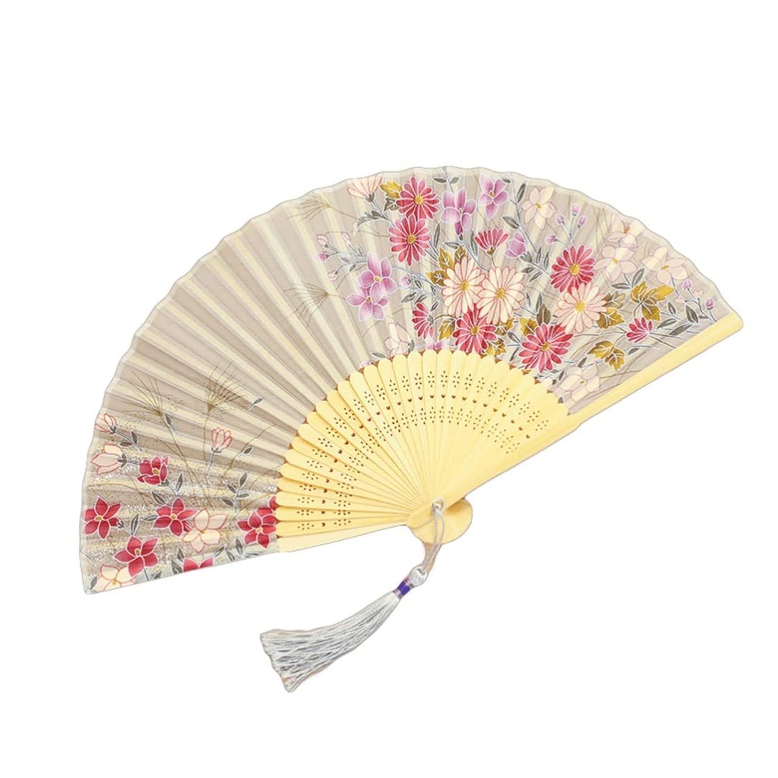 Folding Fans Silk Fabric Folding Fans Hand Fan with Tassels Exquisite Patterns Fans for Wedding Party Props Decoration Decorative(Color:Light Blauw) (Beige one size)