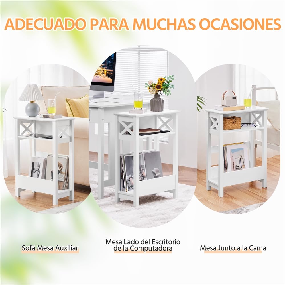 Yaheetech Mesita Auxiliar 50x25x70 cm Mesilla de Noche de 3 Niveles Madera Lacada Mesa Auxiliar Vintage para Salon Sofa Blanca Satinada Pata de Pino