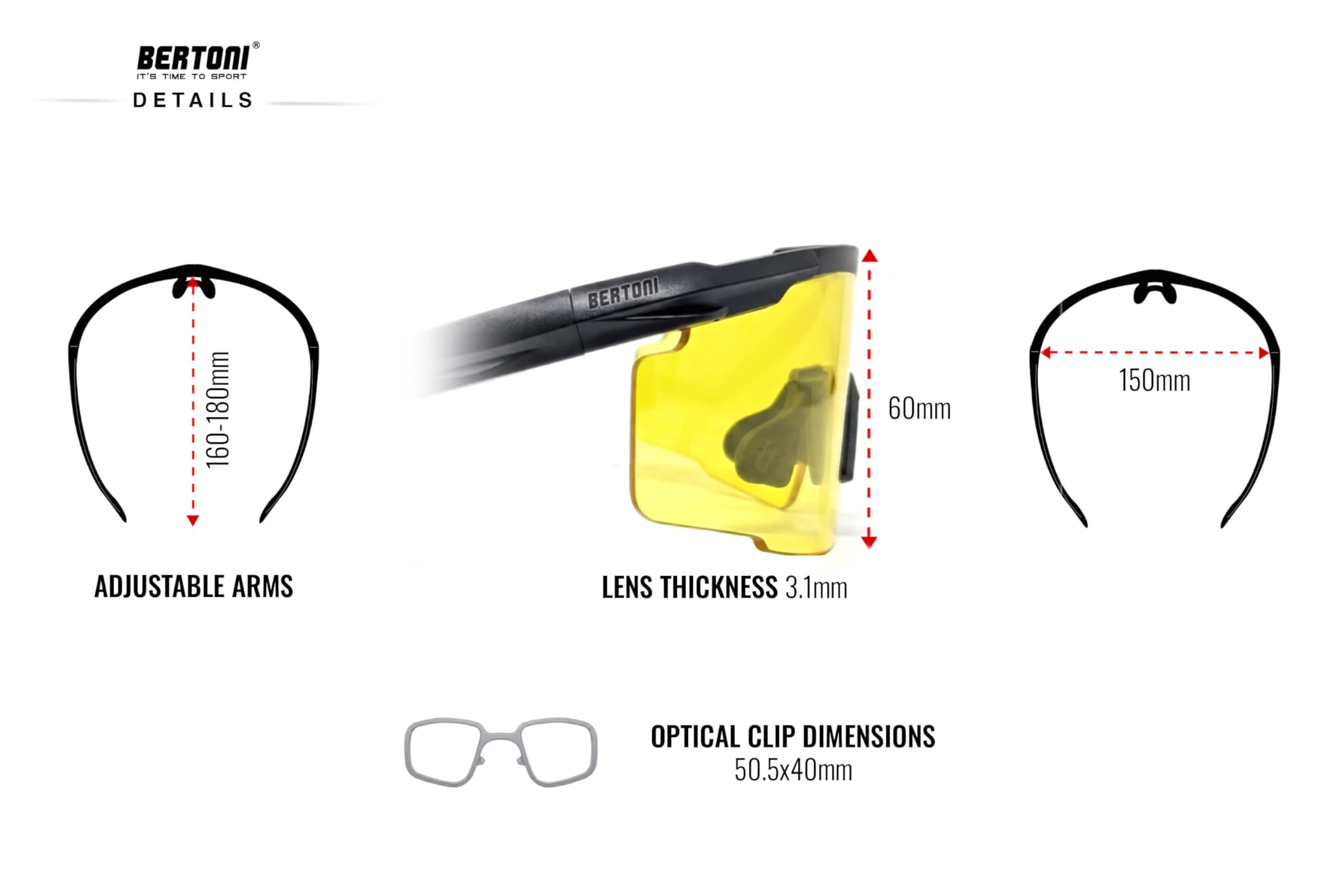 Bertoni Lunettes de Tir Sportif avec 4 Verres Interchangeables de Protection Balistique avec Clip pour Verres Correcteurs – Mod. SH890N SOS