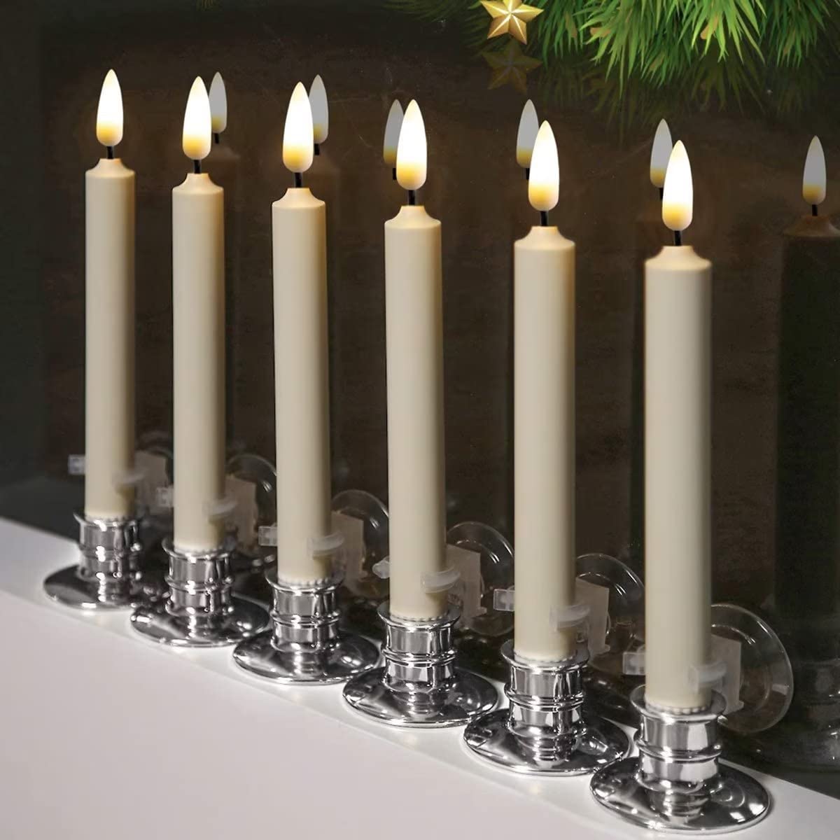 NONNO & ZGF 10 Pack Window Candles + Silver Candleholders + Suction Cups, 8'' Tall. Ivory LED Battery Powered Candle. 3D Flickering Wick, Timer Function