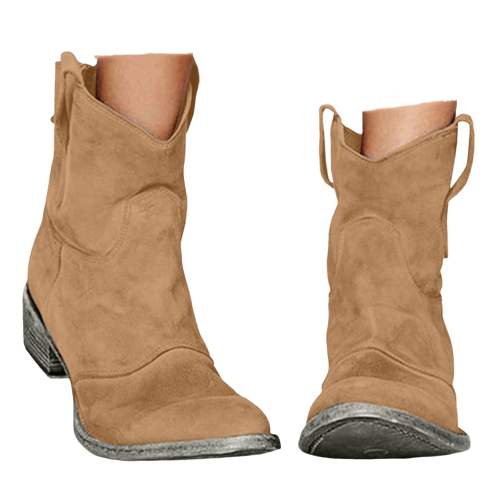 Cowboy Boots For Women Low Heel Suede Mid Calf Booties Fashion Chunky Heel Round Toe Short Boots Slip