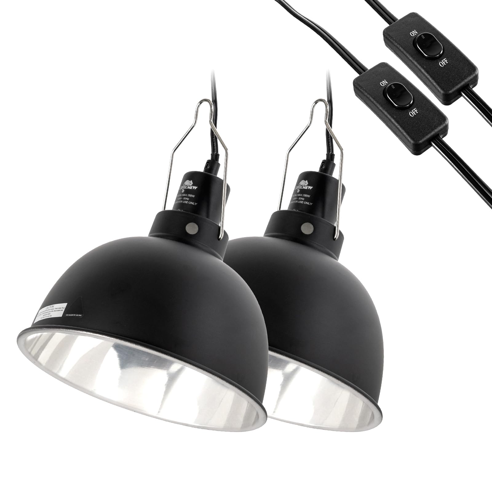 2 Pack Reptile Light Fixture, 8.5in Deep Dome Reptile Lamp Fixture, Optical Reflection Cover, Separate Switch & Hook, Terrarium Light Fixture for Reptile Heat Basking UVB Bulbs, 150W, Black