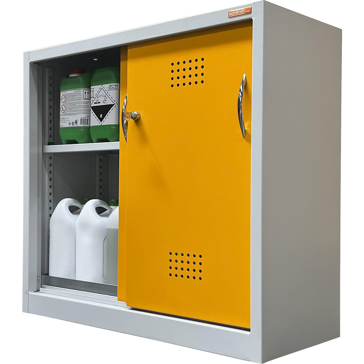 eurokraft | Umweltschrank mit Schiebetüren | Höhe 900 mm | 1 Fachboden | mit 1 Bodenauffangwanne