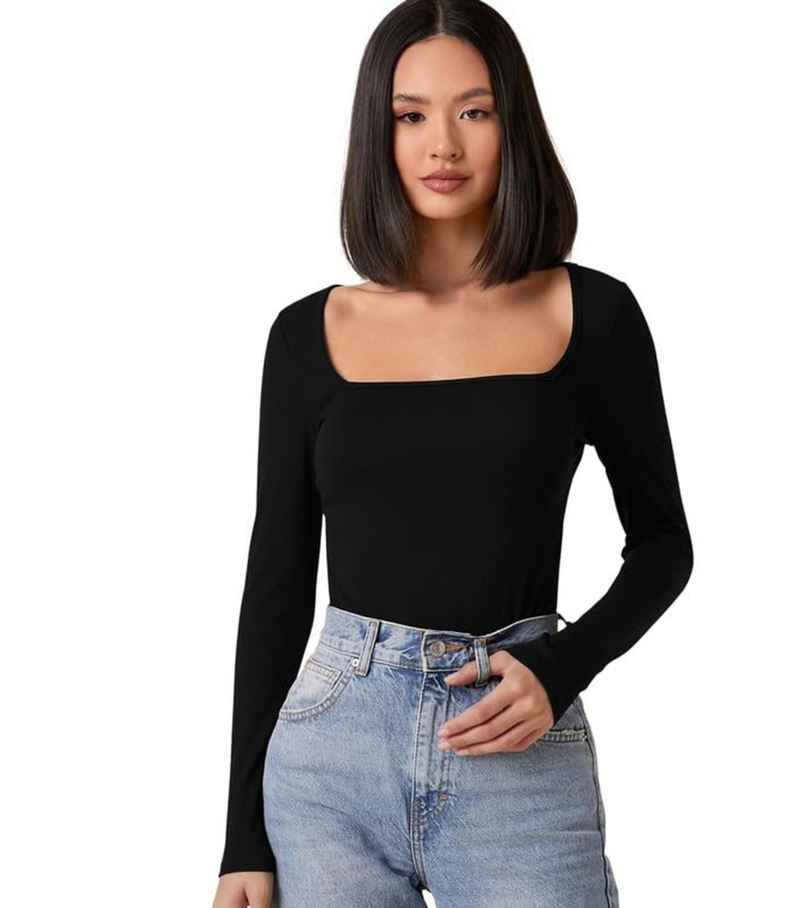navyankaa Women's Square Neck Long Sleeve Slim Fit Casual Tee Top, 23" inches (Shakira-01-PRNT)-picture-31