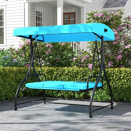 Image of HAPPYGRILL 3-Seat Outdoor Porch Swing, 2-in-1 Swing Glider with Adjustable Canopy, Removable Cushions, Foot Pad, Curved handrails, Outdoor Swing for Patio Yard Garden Balcony Backyard (Turquoise)