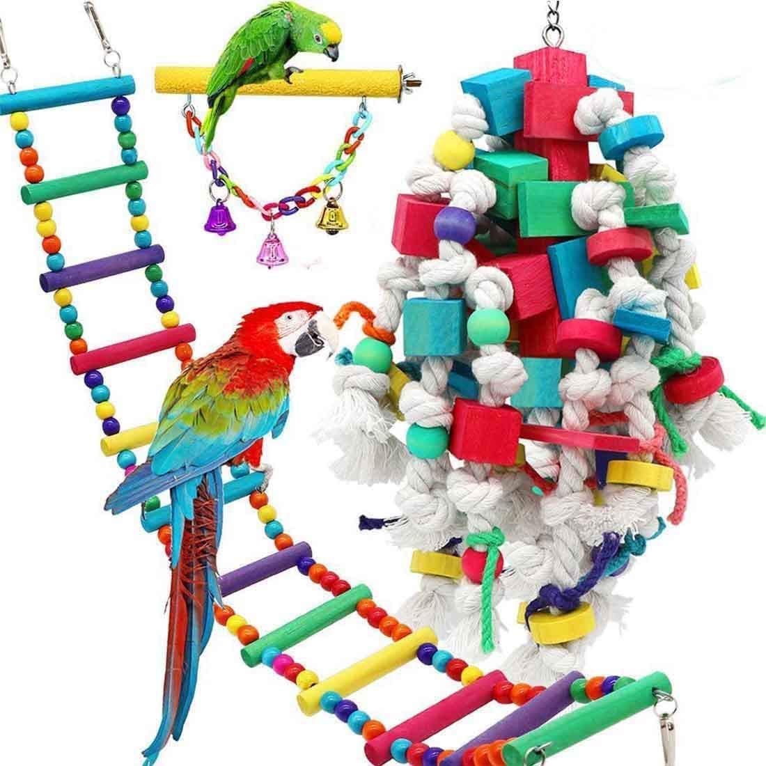 Large Bird Swing Toys,3 Packs Natural Wood Parrot Chewing Toy with Bells Pet,Bird Toys for Macaws Cockatiels Parakeets African Grey Parrot and a Variety of Large Amazon Finch
