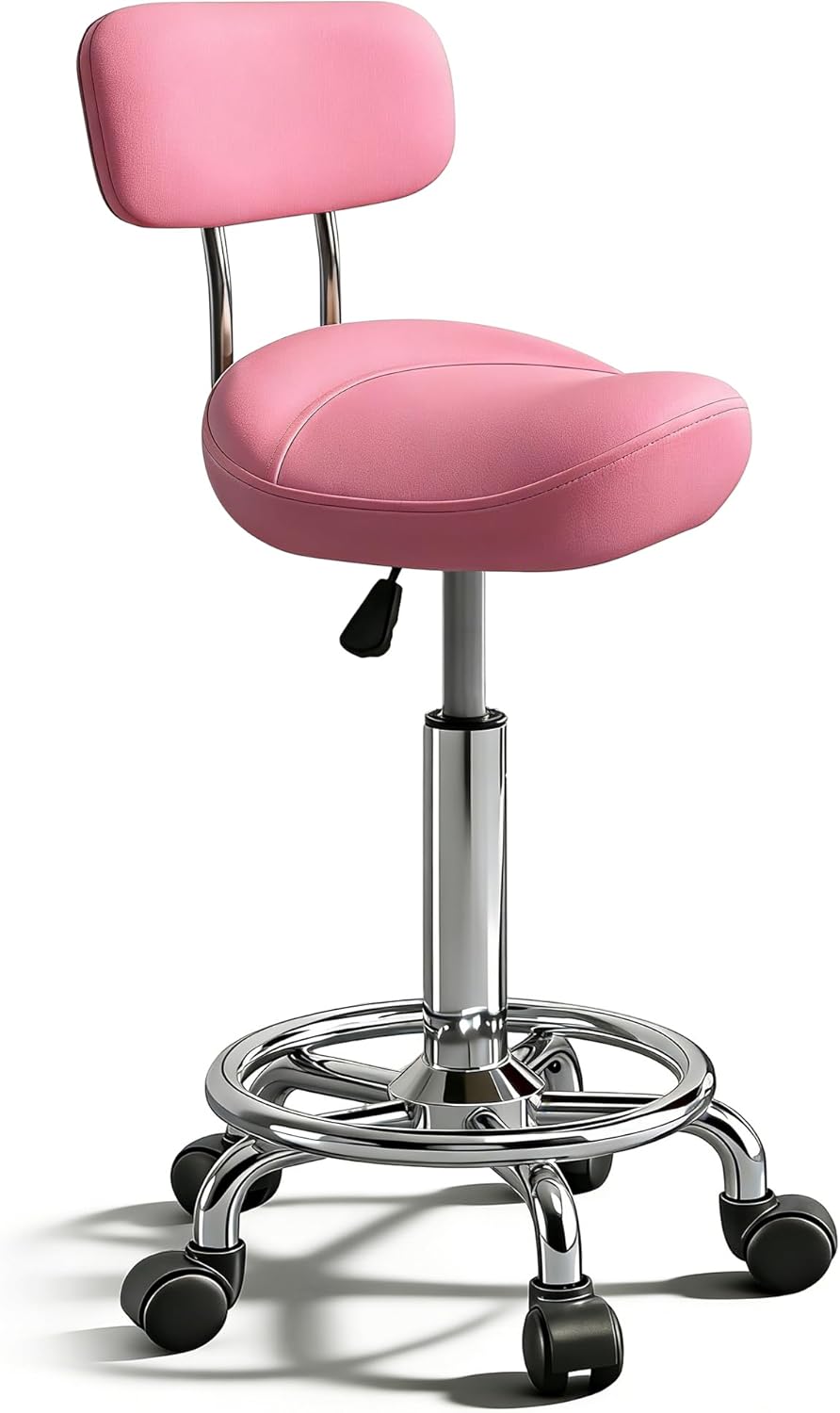 Saddle Stool with Back and Ring Pedal, Adjustable Hydraulic Rolling Chair with Wheels for Salon, Spa, Medical, Massage & Drafting Use Pink