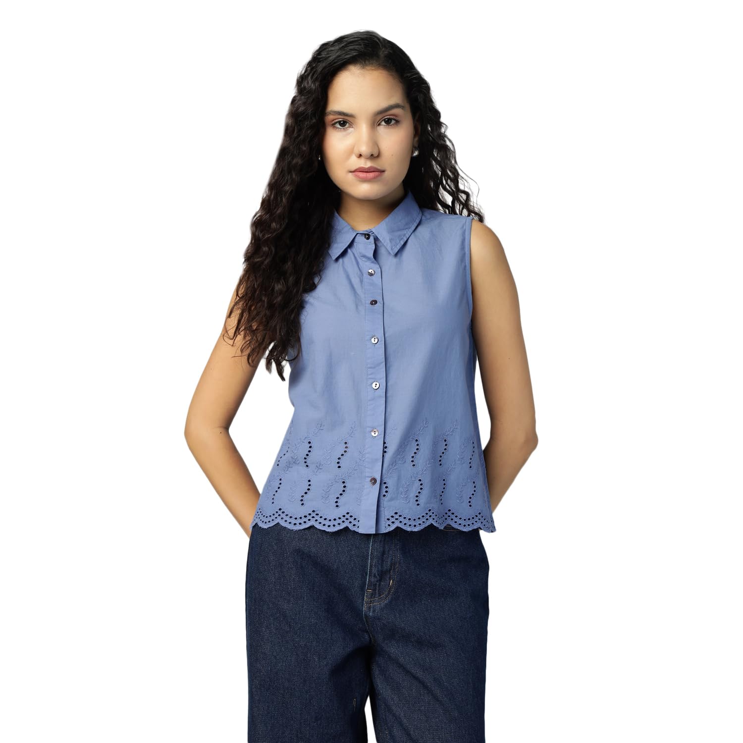 Womens Cotton White Solid Sciffli Button Down Sleeveless Shirt-picture-57