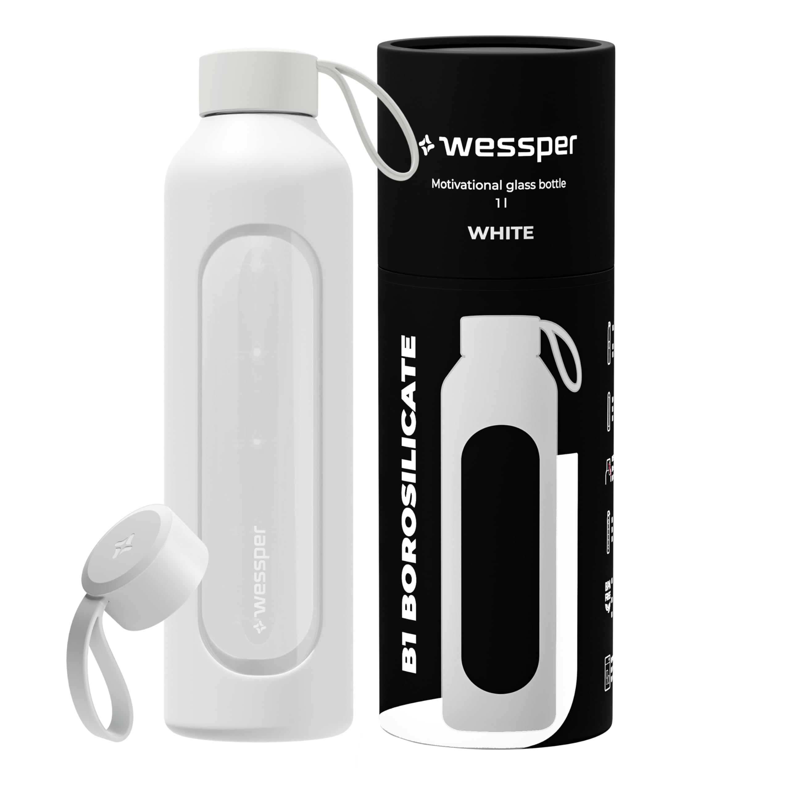 Wessper Drinkmotivation Borosilicate Glass Bottle with Time Markings 1 Litre Airtight Drinking Bottle Glass with Bamboo Lid 1 Litre Reusable with Silicone Cover White (WES260)