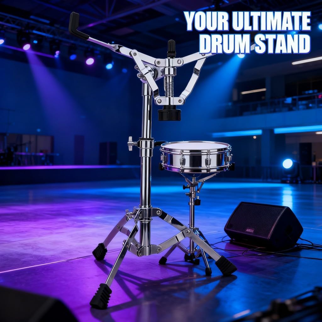 Adjustable Tripod Drum Stand Holder, Folding Portable Drum Support for Snare and Tom Drums 15 Inch Diameter, Silver Metal - Strong Stable Base, 180 Degree Rotation, Easy Storage