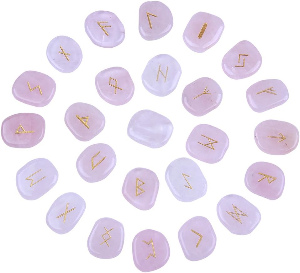 Blsoatee Rose Quartz Rune Stones Set Engraved Symbol with a Velvet Pouch