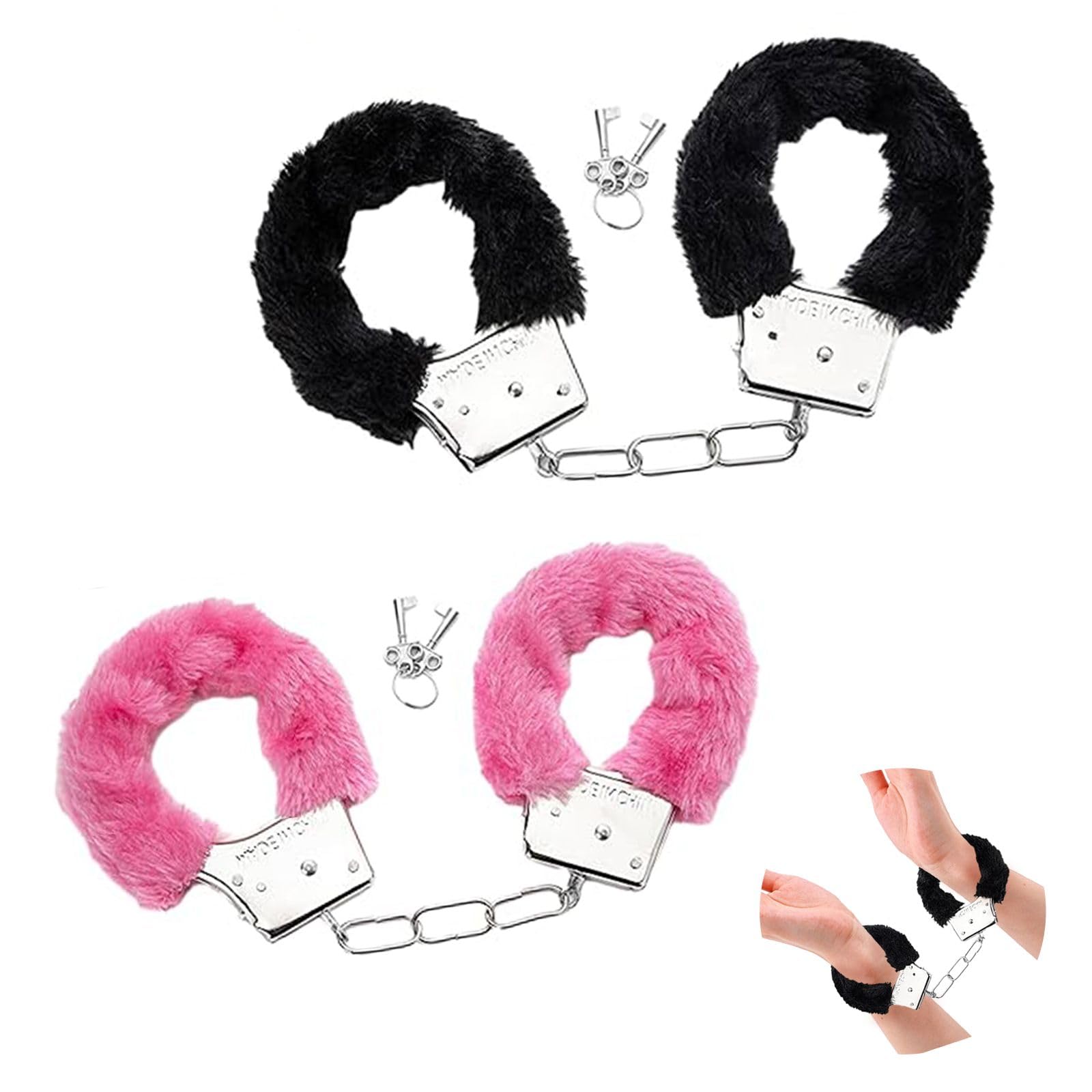 Makoto Nobu 2 Paar Metall Handschellen mit Schlüssel Set, Plüsch Handschellen für Sexspiele, Cosplay Kostümzubehör Kinder Spielzeug für Kostümball Party Valentinstagsgeschenk (Pink&Schwarz)