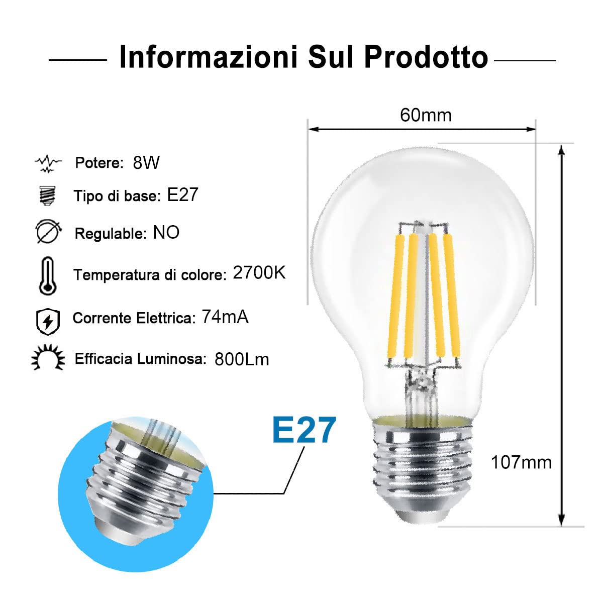 EXTRASTAR Lampadina LED E27,8W (equivalenti a 80W), 800 lumen,Trasparente luce calda- Pacco da 6