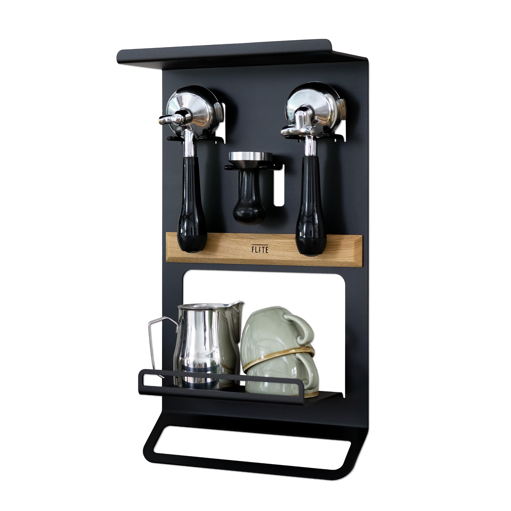 Flate Black Barista Shelf For Portafilters, Tamper, And Barista Accessories In (Wall Mount For Coffee Equipment)