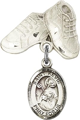 Sterling Silver Baby Badge with St. Kevin Charm and Baby Boots Pin 1 X 5/8 inches