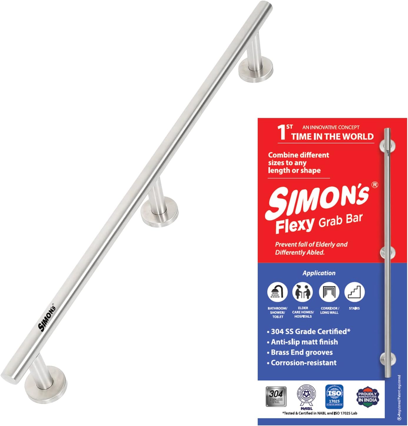 Simon's Flexy 304 Stainless Steel Grab bar for Bathroom and Toilet Safety Handle of Elderly People - 75 cm with 3 Legs of 4.5 cm - Pack of 2