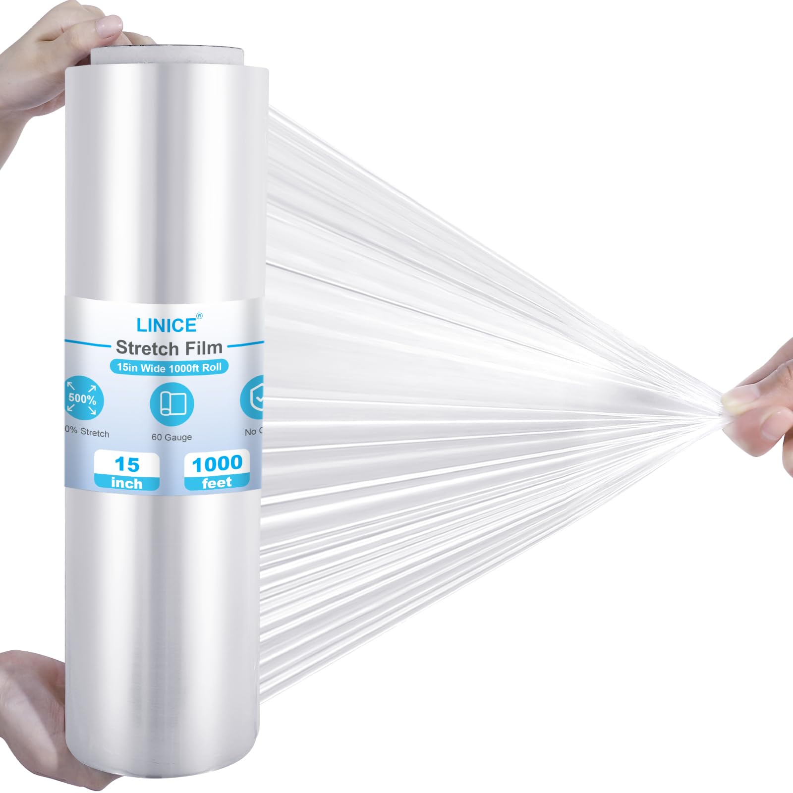 LINICE Stretch Wrap Roll 1000 ft 60 Gauge Industrial Strength 15 inch Wide Clear Plastic Film for Palletized Shipping, Surface Protection Moving Supplies Furniture Packaging (1)