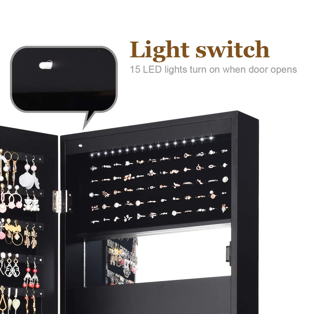 GOPLUS 2 en 1 Armoire à Bijoux avec Miroir, Organisateur de Bijoux Mural avec Lumières LED Automatiques, Armoire de Rangement Cosmétiques Verrouillable pour Chambre, Vestiaire (Noir)