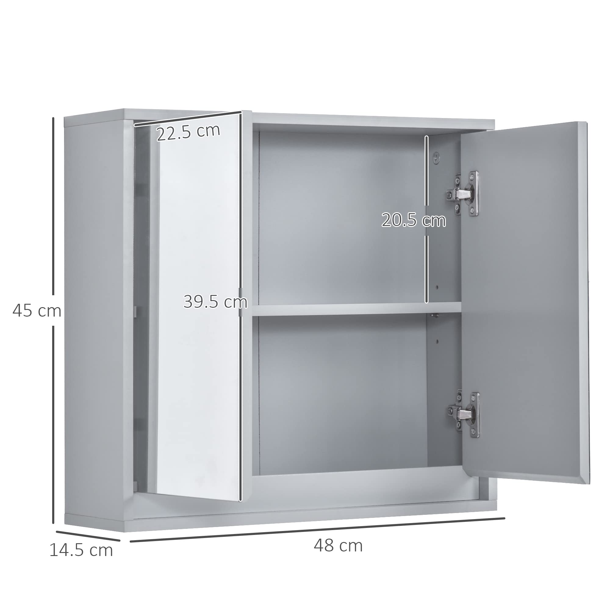 HOMCOM Armadietto Bagno con Specchio a 2 Ante, Specchio Bagno Contenitore con Ripiano Regolabile in Legno, 48x14.5x45cm, Grigio