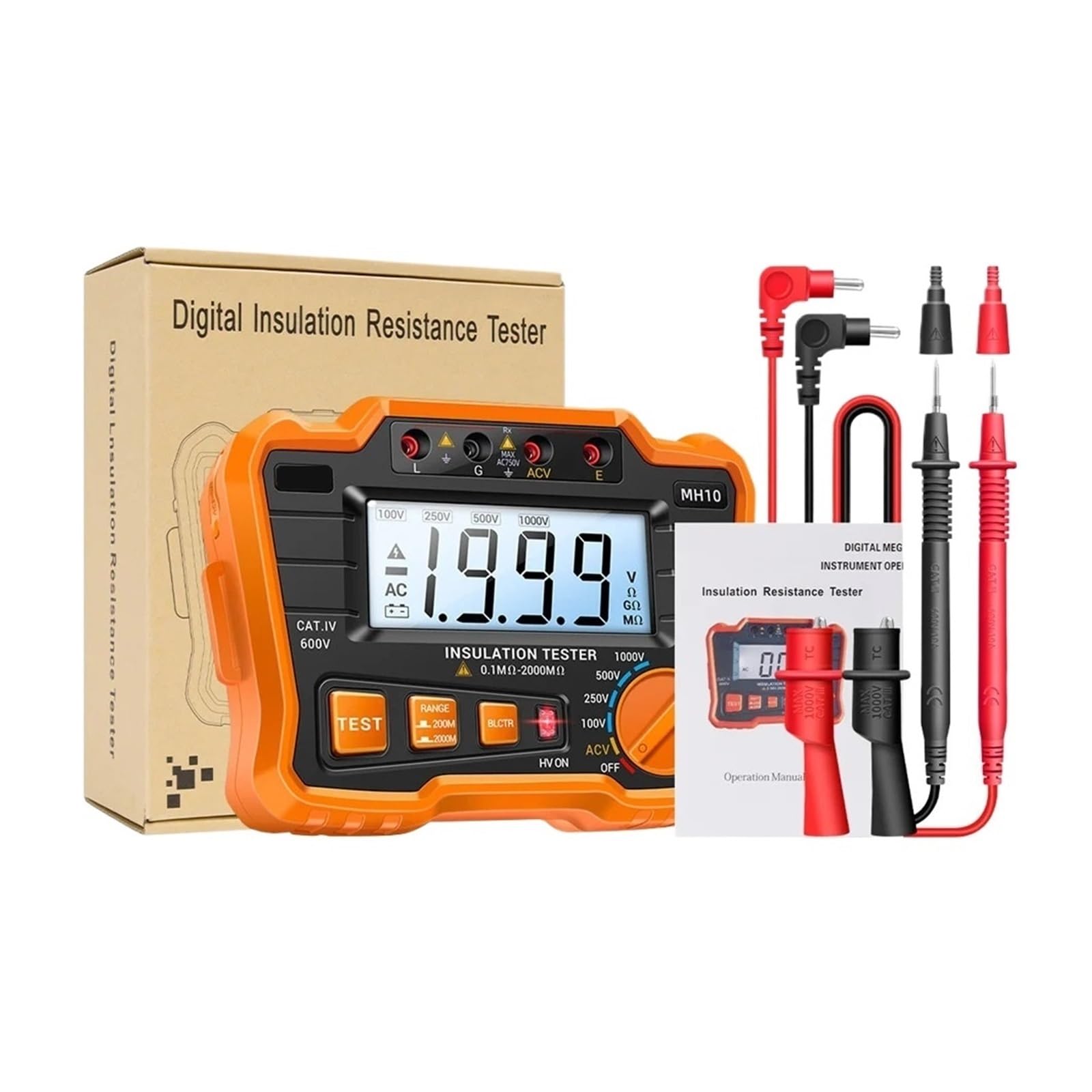 Cyfrowy Megaomomierz Do Pomiaru Rezystancji Izolacji, Miernik Uziemienia, Automatyczne Rozładowanie Napięcia AC/DC, Tester LCD Wysoka CzułOść(Orange)