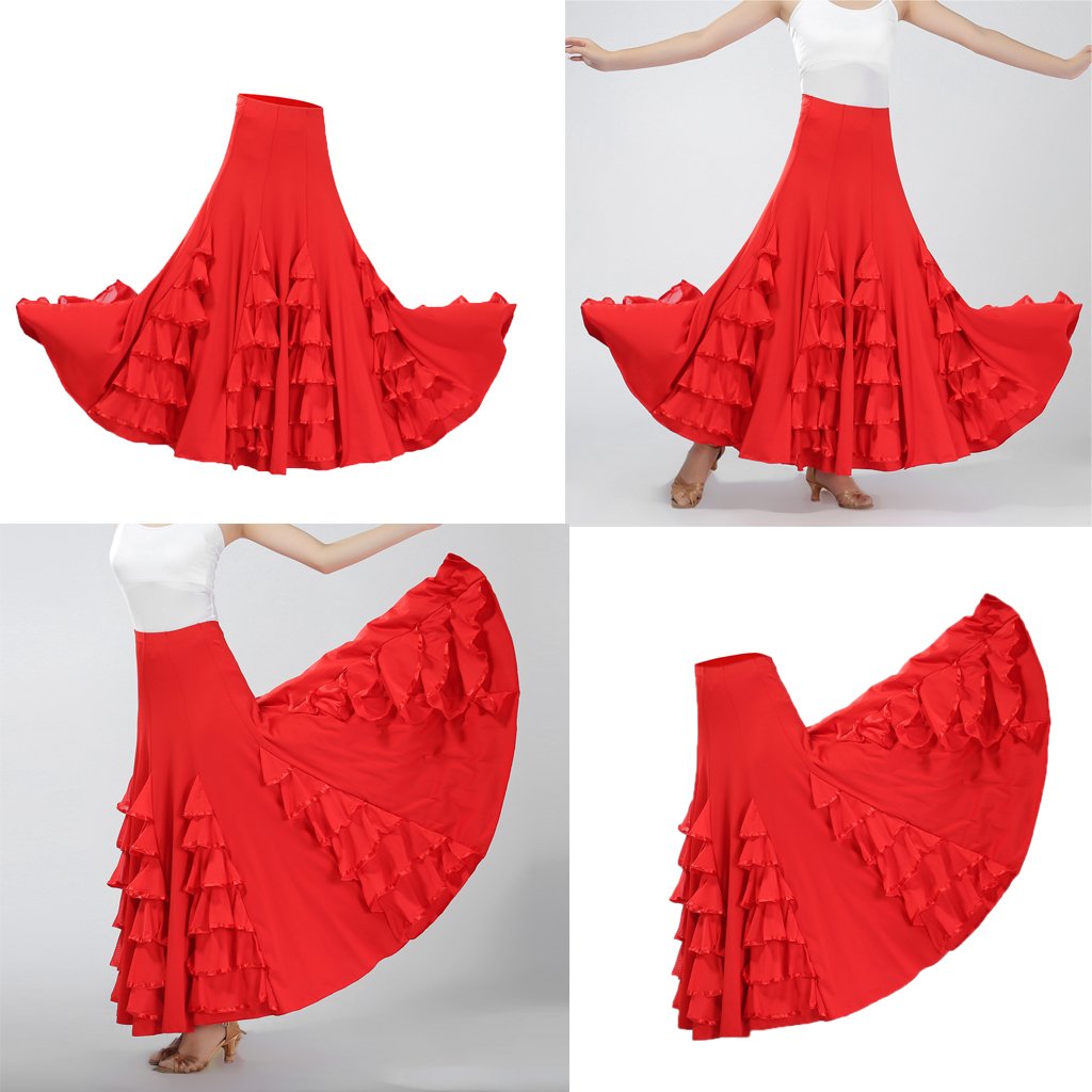 Latin Tanzkleid mit Langem Rock Flamenco Kleid Rock Und Square Dance Rock Aus Elastischer Polyesterfaser für Geschenk Heimdekoration Tanzkurs