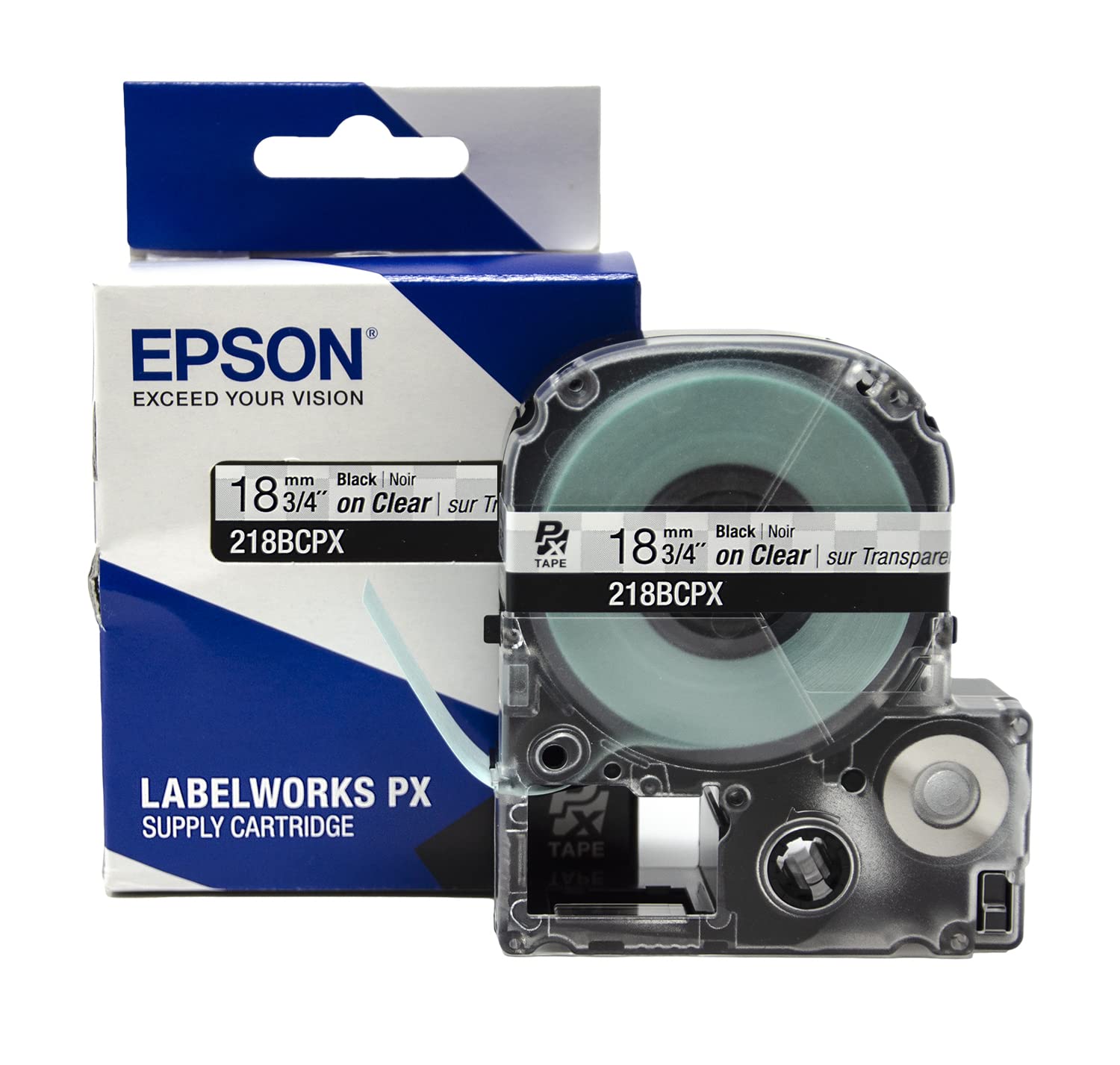 Epson LABELWORKS 218BCPX Genuine PET (Polyester) Tape Cartridge - Black on Clear Label Maker Tape - 3/4" (18MM) Wide, 30'