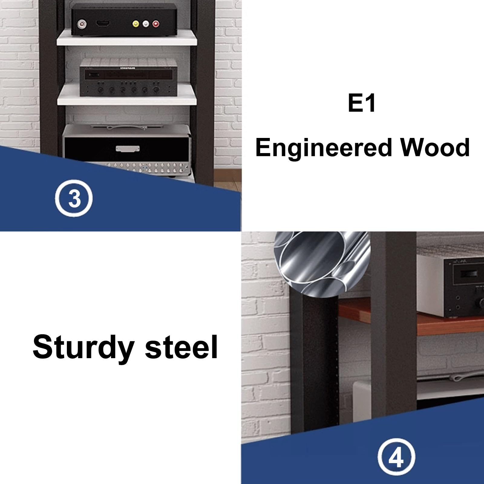 Robusto supporto AV rack – Mensola a 4 strati con tubo in acciaio resistente, torre regolabile in 4 colori (naturale + nero) per Home Theater e apparecchiature audio