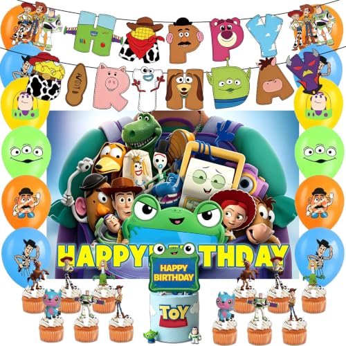 For Toy Movie Story 5 Birthday Party Decorations Cute Cartoon Party Supplies Include Banner Backdrop Latex balloons Cake Topper Cupcake Toppers for Boys Girls Theme Party