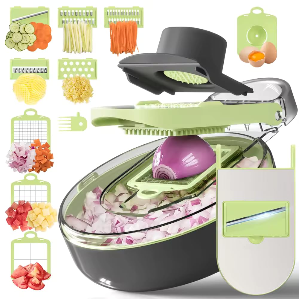 Vegetable Chopper, Onion Chopper, Mandoline Slicer, 9 in 1 professional Veggie Chopper and Slicer, Cucumber Slicer, Potato Slicer, Dicing Machine, Adjustable Veggie Chopper with Container and Lid