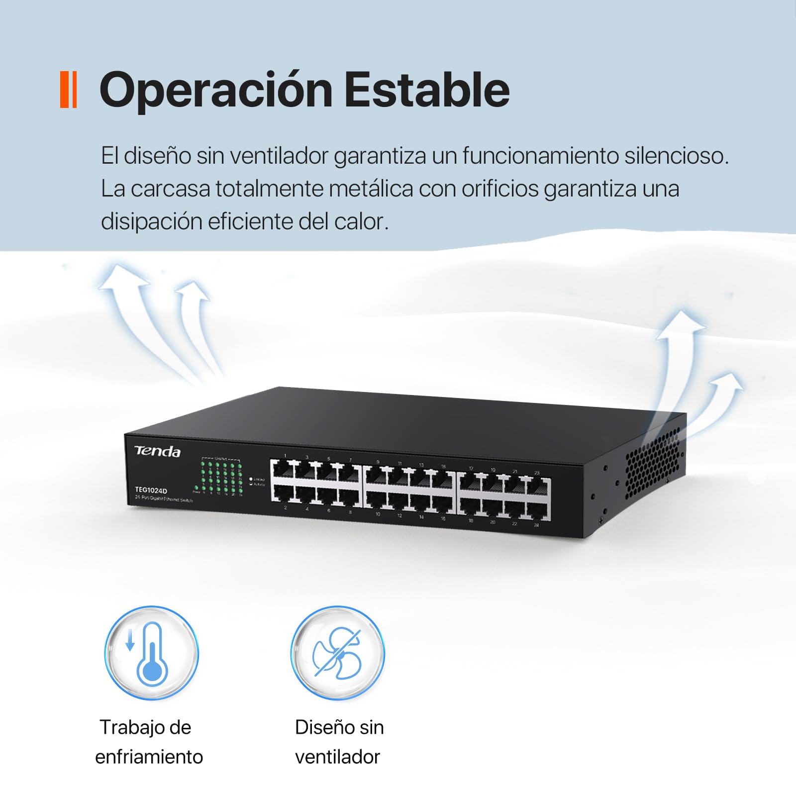 Tenda TEG1024D Gigabit Ethernet Switch, 24 Puerto RJ45, 48 Gbit/s,10/100/1000 Mbps, Auto MDI/MDIX, Montaje en Escritorio/Rack, Protección Profesional contra Rayos, No Administrado, Plug & Play, Metal