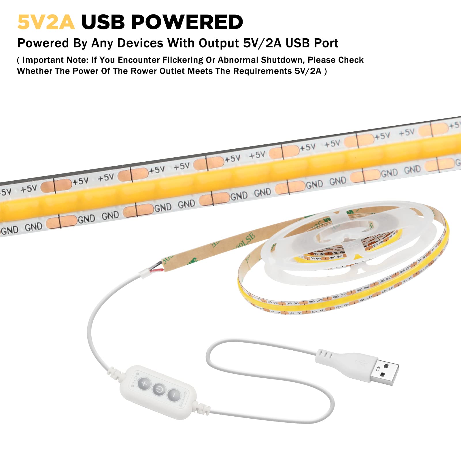 USB COB LED Strip Lights 4.92ft/1.5m,5V 480LEDs 1200lm Dimmable COB LED Light Strip 3000K Warm White CRI90 USB TV Backlight,Flexible Under Cabinet Tape Light for Bedroom,Kitchen,Home DIY Lighting