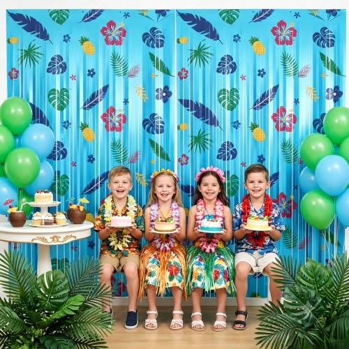 Image of TONIFUL 2Pcs Blue Hawaiian Metallic Tinsel Foil Fringe Curtain Streamer