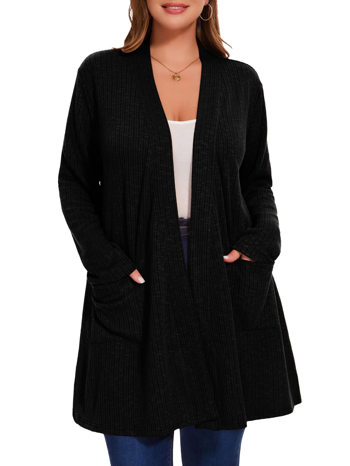Womens Plus Size Cardigans Sweaters Casual Lightweight Open Front Cardigan Long Sleeve Tops with Pocket