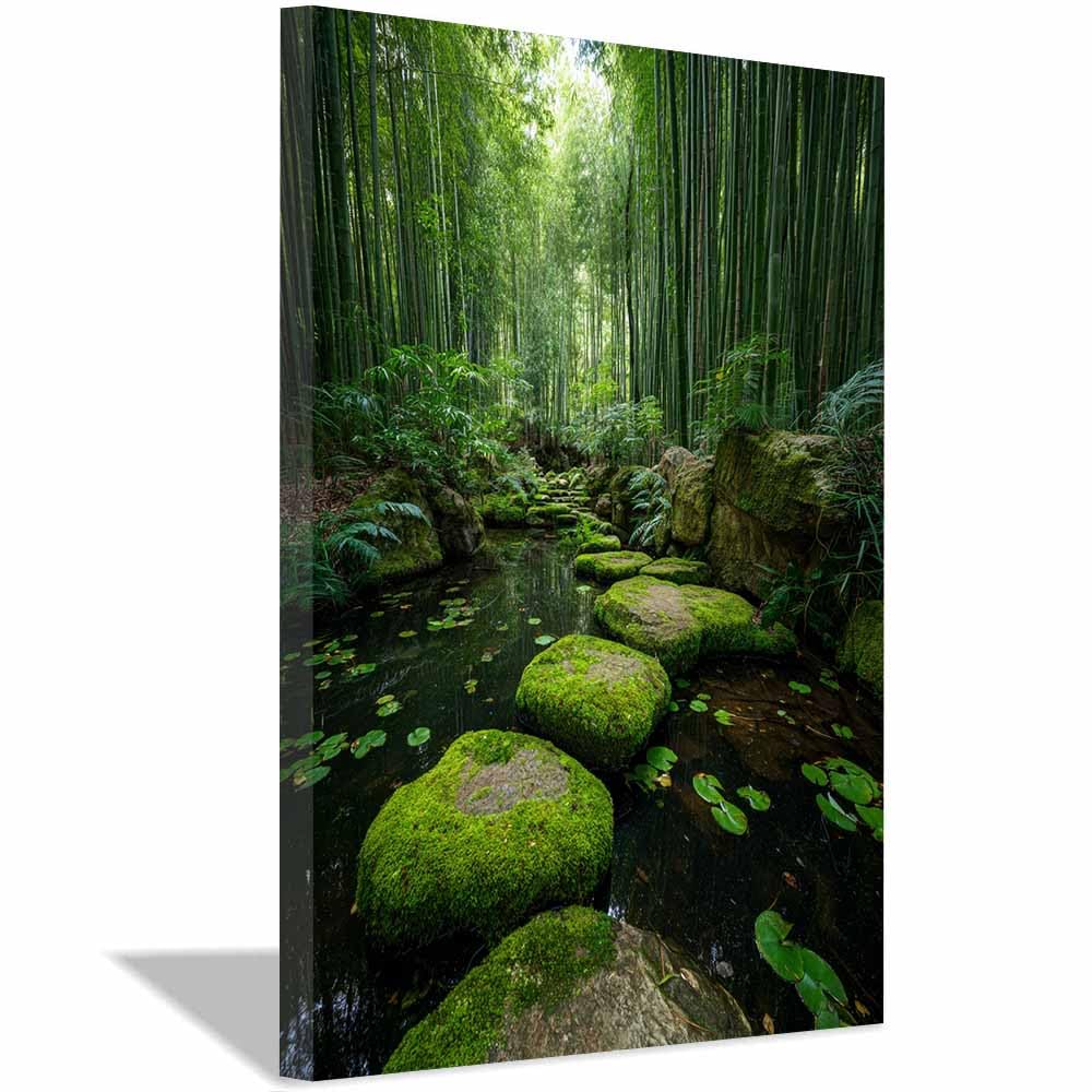 HOQIU Landscape wall art Bamboo Forestss Stream canvas art, art print, house decor, bedroom wall decor above bed, prints for living room.(Multicolor)-60x80cm Framed