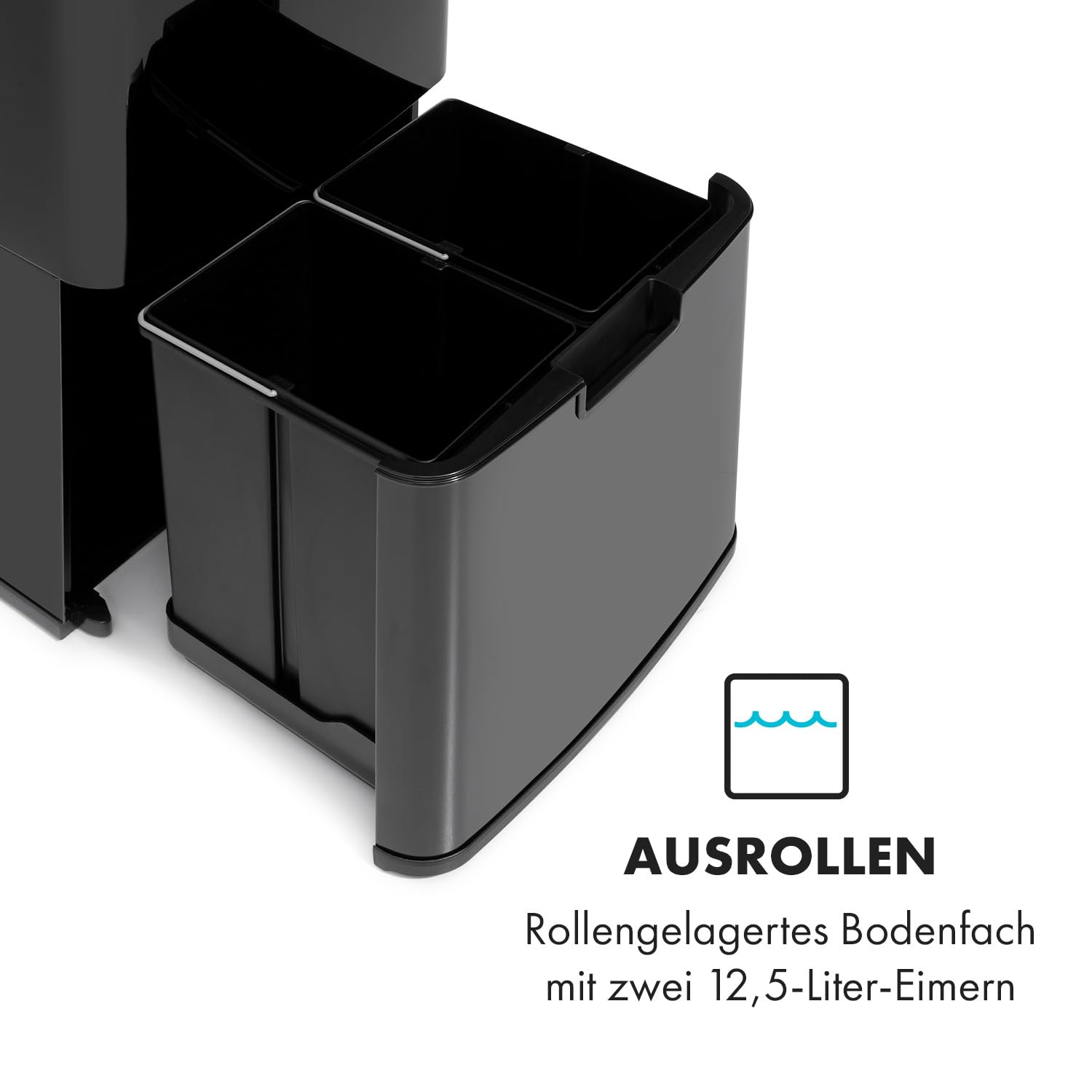 Klarstein Royal Trash Sensor-Mülleimer, 72 L Volumen in 4 Behältern, Restmüll & Recycling-Abfälle: 43 & 2 x 12,5 L, Bio-Eimer mit Deckel: 4 L, automatisches Öffnen und Schließen, Glänzend schwarz