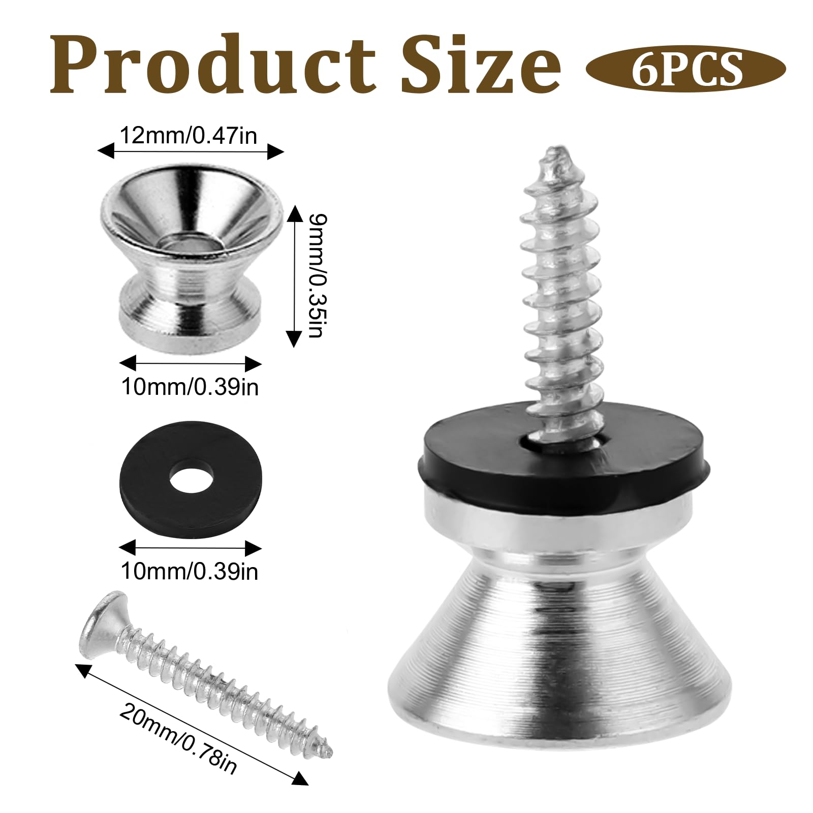 6PCS Metal Strap Buttons End Pins with Mounting Screws, Guitar Strap Buttons, Guitar Strap Locks, Metal End Pins Guitar Strap Lock Buttons for Acoustic Classical Electric Guitar Bass Ukulele (Silver)