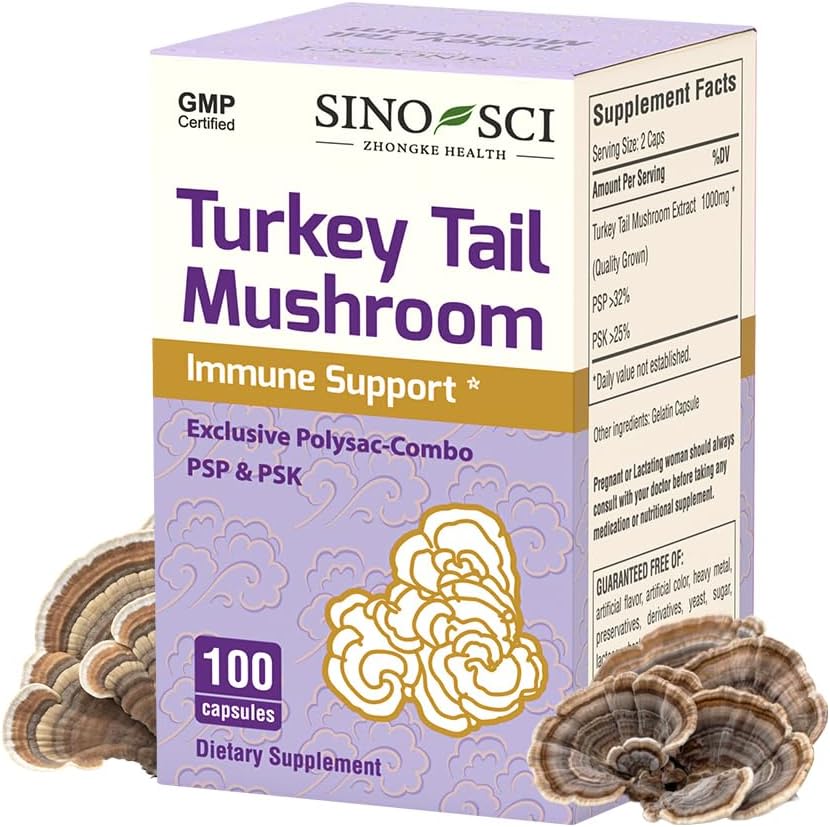 Turkey Tail Mushroom - PSP > 32% & PSK>25%, Support Immune & Cellular Level, Non-GMO, 100 Caps