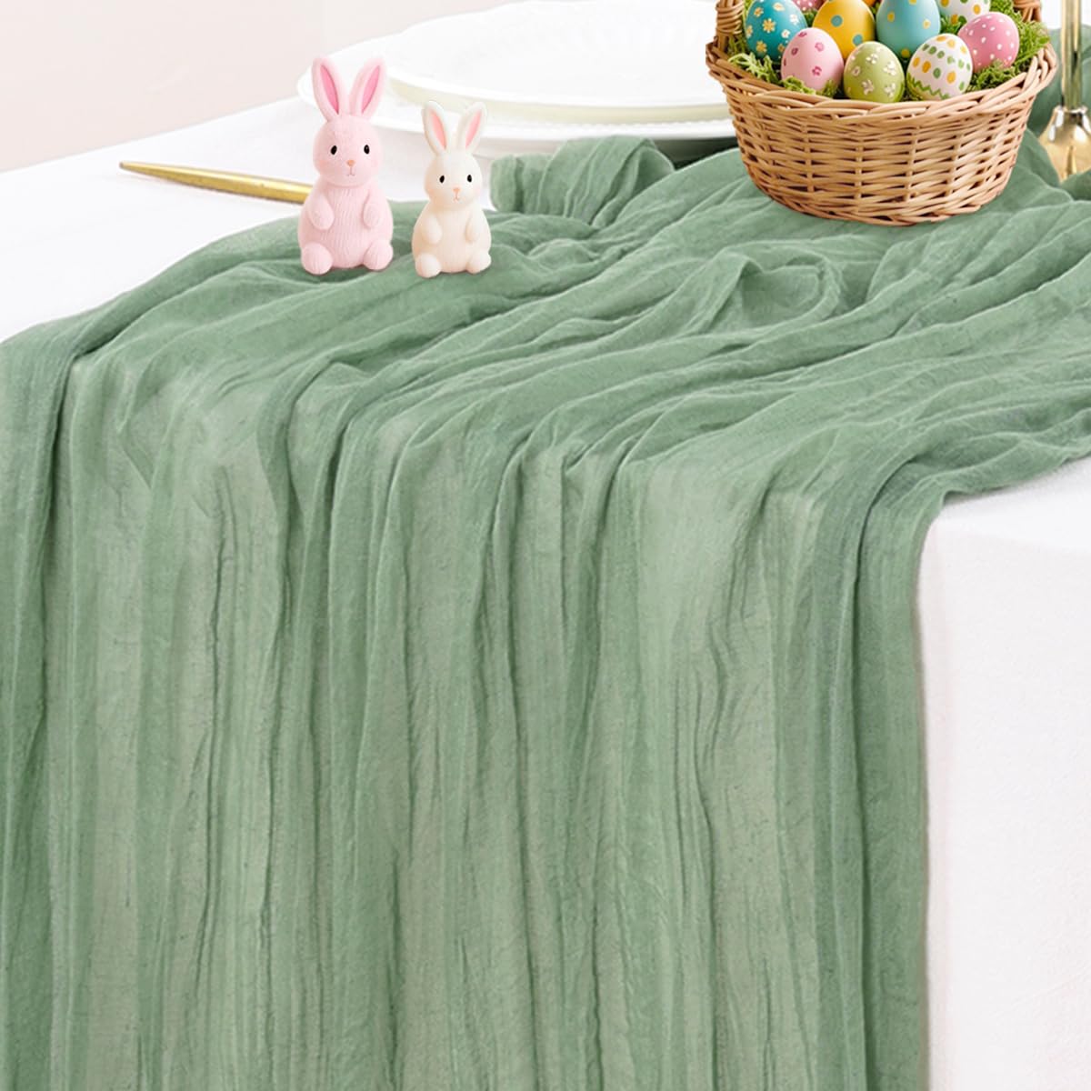 Socomi Sage Green Cheesecloth Table Runner Easter Spring Boho Rustic Farmhouse Gauze 120 inch 10FT Cheese Cloth Runner for Wedding Party Baby Shower Birthday Home Decor Holiday Decorations